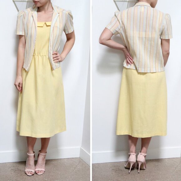 70s Yellow Pastel Rainbow Striped Overcoat w/ Short Sleeve & Slim Collar, Gauzy - Picture 10 of 10